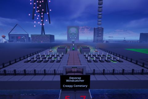 Image from the game Satisfactory featuring a scene depicting a fenced-in cemetery featuring 3 rows of graves on either side of a walkway/road, with cross-shaped headstones on each grave. IN the rear of shot are 5 crypts with in the center at the opposite end of the gated entrance leading onto the walkway/road, with one lit grave in each corner. Some of the graves in the front 3 rows have an eerie green glow coming frm them.