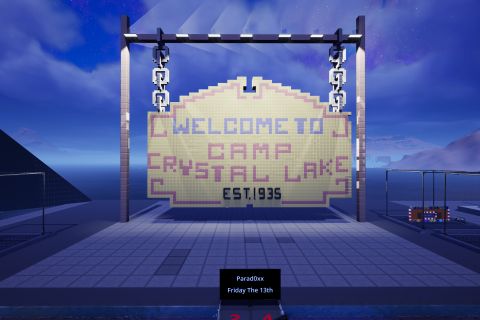 Image from the game Satisfactory featuring a depiction of a voxel-art style sign hung by chains from a frame. The sign reads "Welcome to Camp Crystal Lake. Est. 1935".
