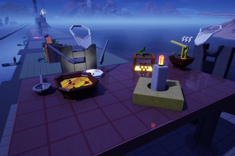 Image from the game Satisfactory featuring a scene depicting two invisible ghosts wearing bibs eating a meal at a dinner table. The scale of the scene is such that the game's Pioneer is about the size of the tines on the fork one of the ghosts is using. To the left-of-frame one ghost is eating a Pioneer with a knife and fork, with a bowl of soup in front of them. To the rear right-of-frame the other ghost is eating noodles with chopsticks from a bowl of soup. In the rear-off-center-right-of-frame is a box frame resembling a pumpkin with a glowing base. In the front-off-center-right-of-frame is a glowing candle.