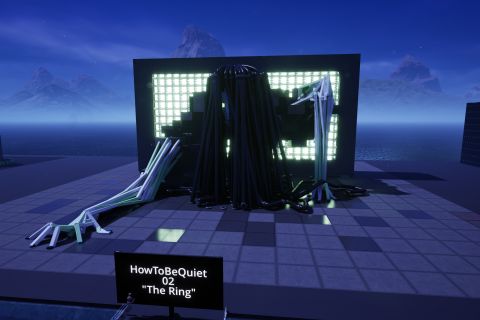 Image from the game Satisfactory featuring a sculpture of the character Samara from the film "The Ring" crawling out of a tv.