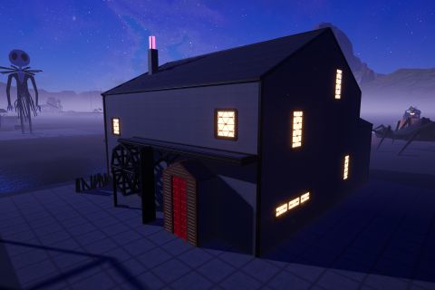 Image from the game Satisfactory featuring a house from the film "Hocus Pocus".