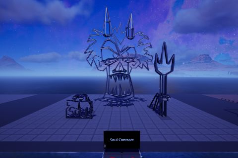 Image from the game Satisfactory featuring a line-art depiction of a devil with pitchfork & soul contract.