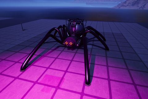 Image from the game Satisfactory featuring a spider built from the game's pipes & fluid buffers, lit from the front with an off-screen pinkish-purple light, and glowing signs either the eyes.