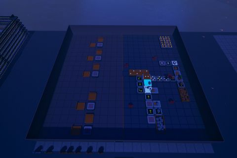 Image from the game Satisfactory featuring a depiction of a scene from the game "PlateUp!" built using Satisfactory's build tools. This shot features an overhead view similar to the point of view when playing the game "PlateUp!"