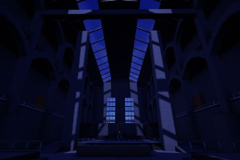 Image from the game Satisfactory featuring a depiction of the interior of Racoon City Police Station from the game "Resident Evil 2".
