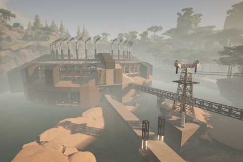 Overview. Coal input and power tower output, with central access bridge. My brother and I built this over the course of a few sessions in our multiplayer game.