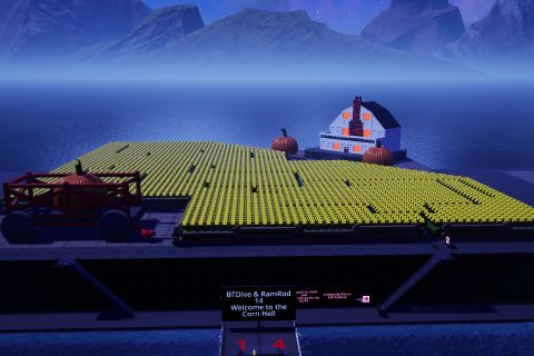 Image from the game Satisfactory featuring a scene depicting a corn maze in front of a rendition of the house from the Amityville film franchise, with a giant pumpkin in a giant wheeled cart in the left foreground.