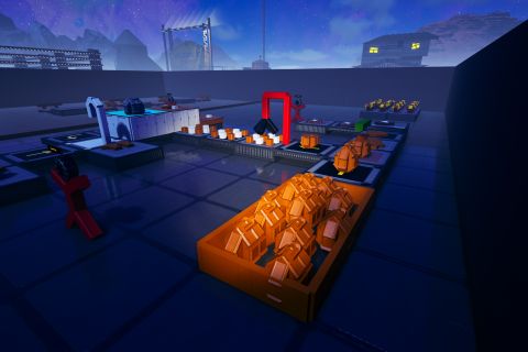 Image from the game Satisfactory featuring a depiction of a scene from the game "PlateUp!" built using Satisfactory's build tools.