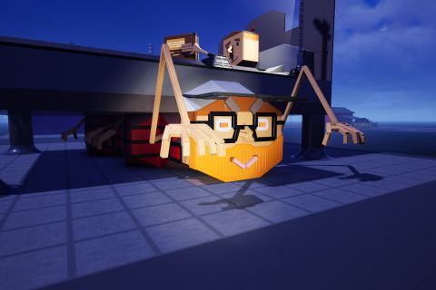 Image from the game Satisfactory featuring a scene depicting a person in bed reading a fictional book written by DixeeChris entitled "Pluto is not a Planet And other Made up Horror Stories", with a menacing multi-armed ginger-bearded bespectacled creature crawling out from under the bed.