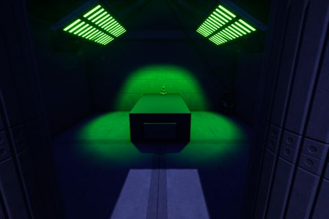 Image from the game Satisfactory featuring a scene depicting the interior of a crypt at the rear of a cemetery. A sarcophagus is in the center of the crypt, lit either side by green floodlights, with a Pioneer sat drinking coffee atop the sarcophagus.