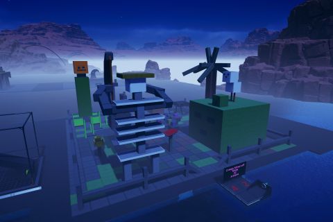 Image from the game Satisfactory featuring a scene depicting several relatively giant sculptures of creatures from the game Minecraft.