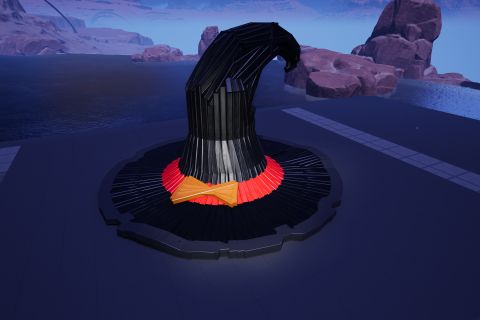 Image from the game Satisfactory featuring a giant conical witch's hat with large brim, red band around the base, and an orange bow on the red band.