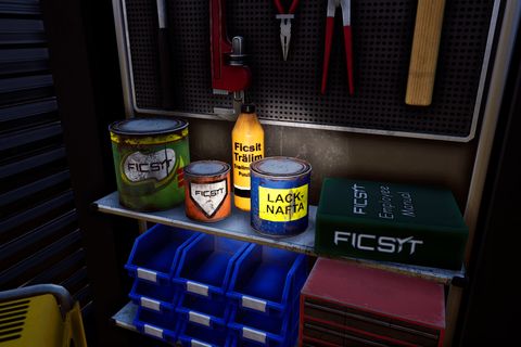 Just noticed that these 2 cans have Swedish labels on them! The right one "Nacklafta" is White Spirit and the left one "Ficsit Trälim" is Ficsit Wood Glue! This is in the Equipment Workshop