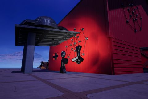 Image from the game Satisfactory featuring a scene depicting a giant spider atop the lean-to roof against a red farm building, one person stuck in a cobweb and another standing in front of them. Portions of a cave are visible in the background of the shot.