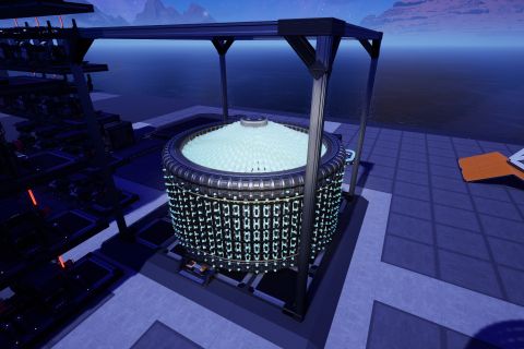 Image from the game Satisfactory featuring an artificially-created Blueprint Designer housing a fountain-like structure created from looping belt lifts, conveyor belts, and power slugs.