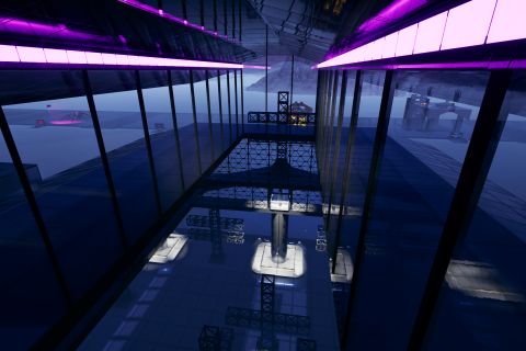 Image from the game Satisfactory featuring an large open-walled structure constructed largely out of frames using street lighting to highlight various spots within the space. 