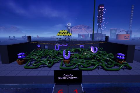 Image from the game Satisfactory featuring a figure stuck on a rope bridge, walking over a room covered with vines & white-toothed purple piranha plants.
