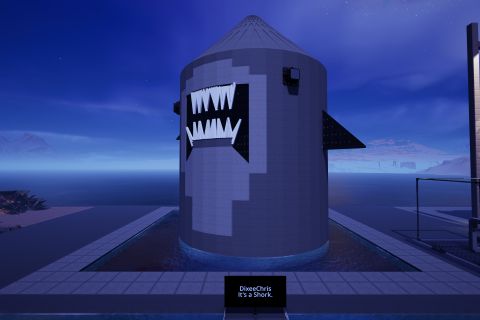 Image from the game Satisfactory featuring a relatively comical depiction of a giant shark